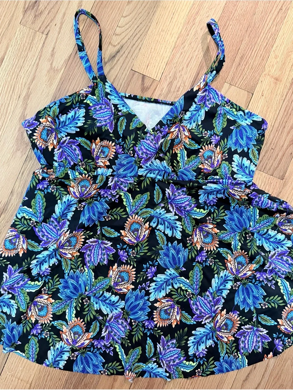 Swim Solutions Black Floral Bikini Top with Blue & Purple Print